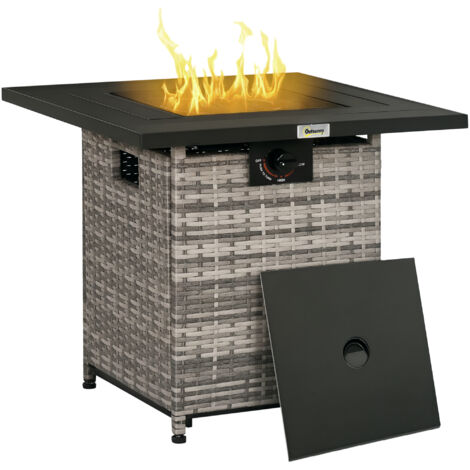 Outsunny Fire Pit Table w/ Rain Cover, Mesh Lid & Lava Stone, 40,000 BTU