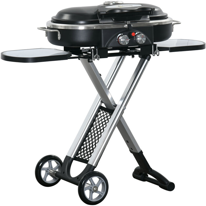 Outsunny Foldable 2 Burner Gas Bbq Grill Trolley w/ Side Shelves Storage Pocket