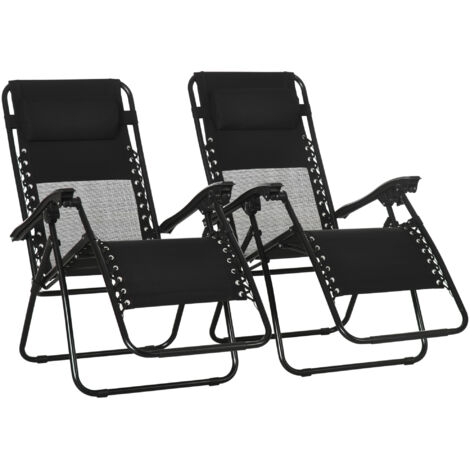 Outsunny Foldable Garden Recliner Chair Set of 2 w/ Footstool & Headrest Black