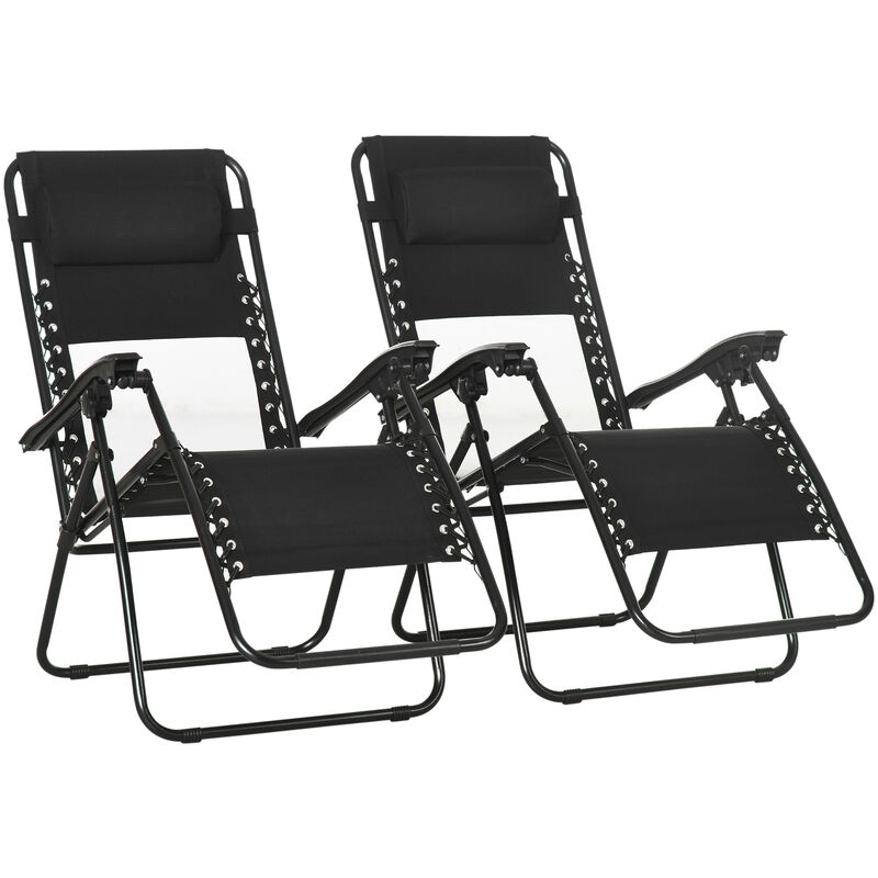 Outsunny - Foldable Garden Recliner Chair Set of 2 w/ Footstool & Headrest Black