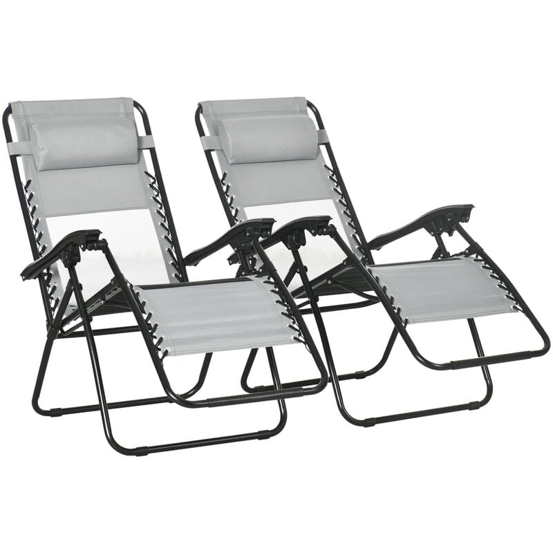 Outsunny - Foldable Garden Recliner Chair Set of 2 w/ Footstool & Headrest Grey