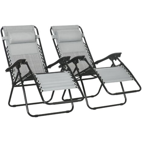 Outsunny Foldable Garden Recliner Chair Set of 2 w/ Footstool & Headrest Grey