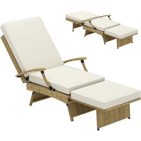 Outsunny Foldable Rattan Garden Recliner Chair w/ Cushion, Footrest, Beige
