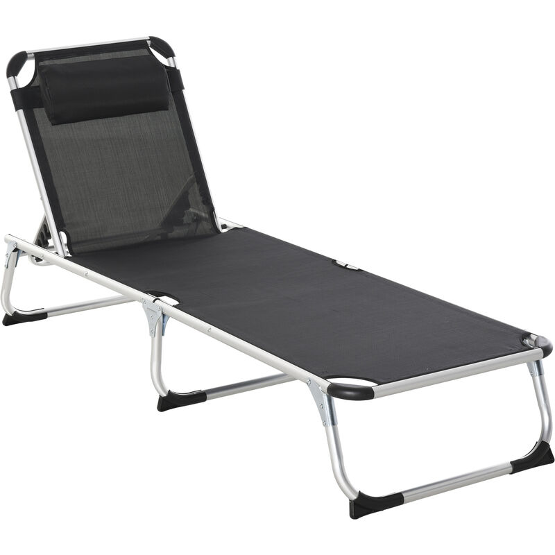 Foldable Reclining Sun Lounger Lounge Chair Camping Bed Cot with Pillow 5-Level Adjustable Back Aluminium Frame Black - Outsunny