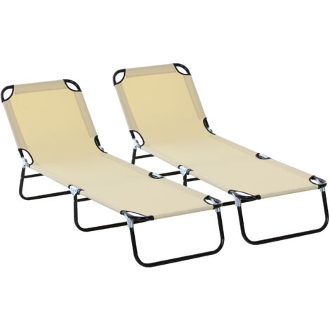 Outsunny Foldable Sun Lounger Set, Portable Sun Bed with Mesh Fabric, Beige