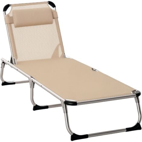 Outsunny Folding Outdoor Reclining Sun Lounger Chair Aluminium Frame Khaki