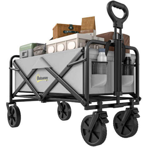 Outsunny Folding Outdoor Storage Trolley Cart Bag Telescopic Handle Brakes Grey
