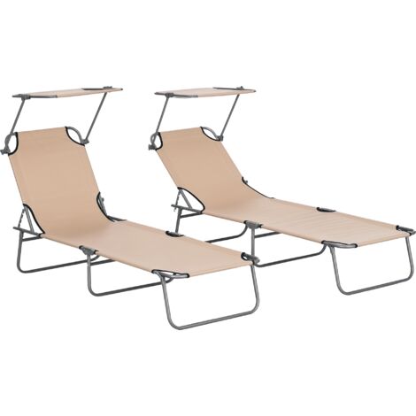 Outsunny Folding Sun Lounger Set of 2 w/ Sunshade Adjustable Backrest Brown