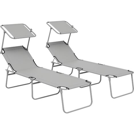 Outsunny Folding Sun Lounger Set of 2 w/ Sunshade Adjustable Backrest Light Grey