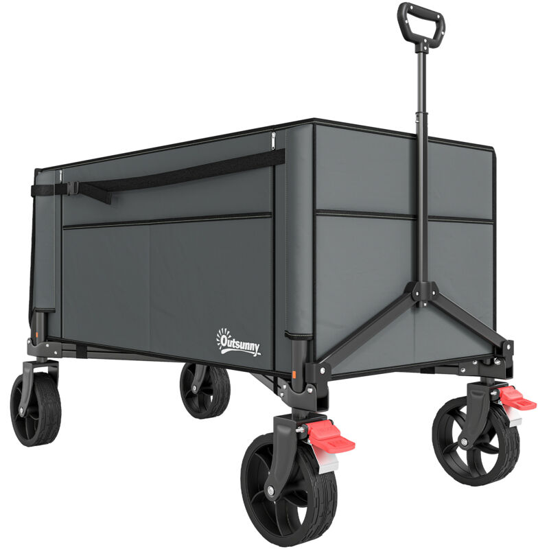 Outsunny Folding Trolley on Wheels, Garden Cart with Openable Sides, Grey