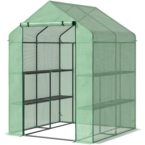 Outsunny Foliengewächshaus begehbares Gewächshaus mit 8 Regalebenen Tomatengewächshaus Treibhaus Frühbeet mit Tür Grün Stahl PE-Kunststoff 143 x 138 x 195 cm - Grün