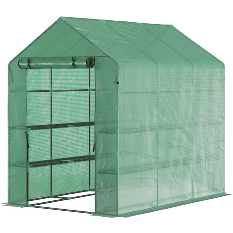 Outsunny Foliengewächshaus begehbares Gewächshaus mit 8 Regalebenen Tomatengewächshaus Treibhaus Frühbeet mit Tür Grün Stahl PE-Kunststoff 214 x 143 x 195 cm - Grün