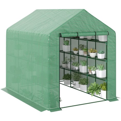 Outsunny Foliengewächshaus begehbares Gewächshaus mit 8 Regalebenen Tomatengewächshaus Treibhaus Frühbeet mit Tür Grün Stahl PE-Kunststoff 244 x 180 x 210 cm - Grün