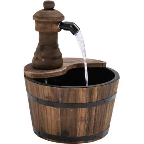 Outsunny – Fontaine de jardin en bois massif – Circuit fermé avec pompe submersible – Dimensions Ø 27 x 37H cm – Finition brûlée résistante aux intempéries
