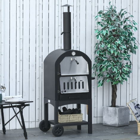 Outsunny Four à Pizza extérieur au Charbon de Bois - Barbecue sur roulettes - Four à Bois - Pierre réfractaire - cheminée. jauge température - Acier au Carbone Noir Gris