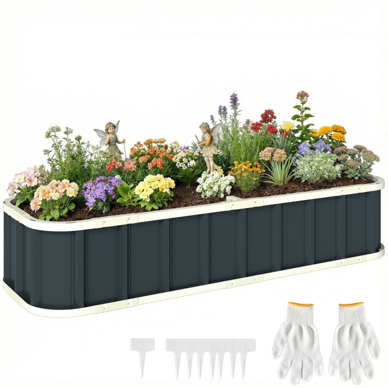 Outsunny Galvanised Raised Garden Bed with Gloves, Dark Grey