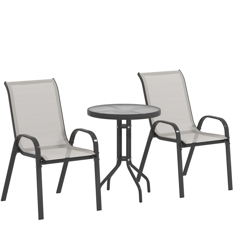 Outsunny Garden Bistro Set, Small Garden Set w/ Stackable Chairs, Light Grey