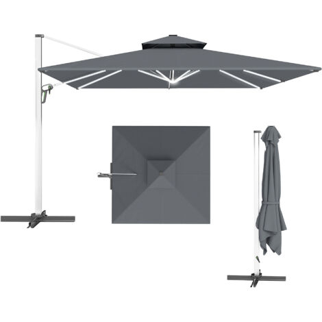 Outsunny Garden Cantilever Parasol, Patio Umbrella w/ Solar LED Lights, Grey