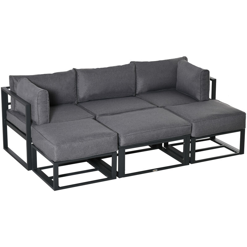Garden Daybed, 6 Piece Outdoor Sectional Sofa Set, Aluminum Patio Conversation Furniture Set with Coffee Table, Footstool and Cushions, Grey