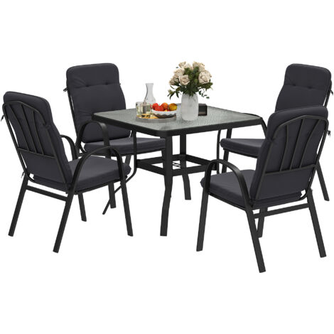 Outsunny Garden Dining Set, Glass Table w/ Umbrella Hole Black