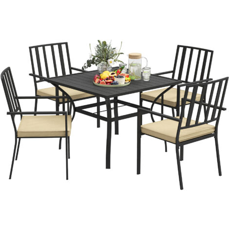 Outsunny Garden Dining Set w/ 4 Stackable Cushioned Chairs and Metal Top Table