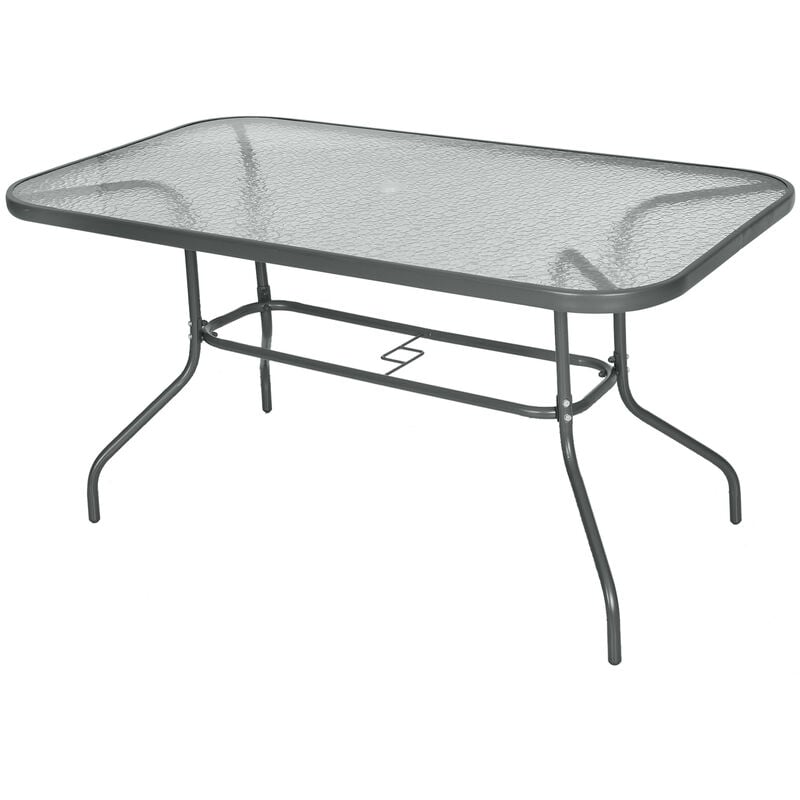 Garden Dining Table Glass Top Metal Frame with Parasol Hole 140x80x70cm - Outsunny