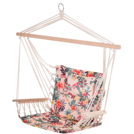 Outsunny Garden Outdoor Hanging Hammock Chair Thick Rope Frame Wooden Arms Safe Wide Seat Garden Outdoor Spot Stylish Multicoloured floral