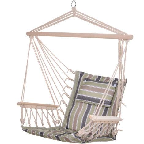 Outsunny Garden Outdoor Hanging Hammock Chair Thick Rope Frame Wooden Arms Safe Wide Seat Garden Outdoor Spot Stylish Multicoloured stripes