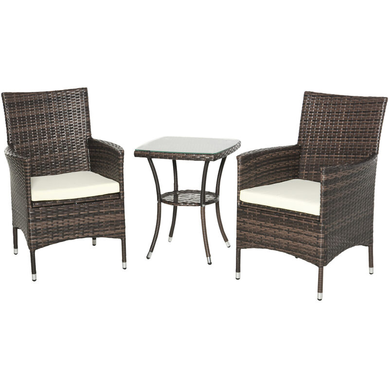 Garden Outdoor Rattan Furniture Bistro Set 3 PCs Patio Weave Companion Chair Table Set Conservatory (Brown) - Outsunny