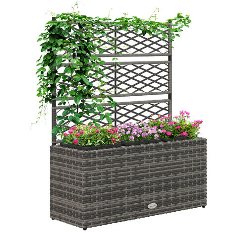 Outsunny Garden PE Rattan Planter Box w/ Trellis Flower Raised Bed, 84x30x107cm