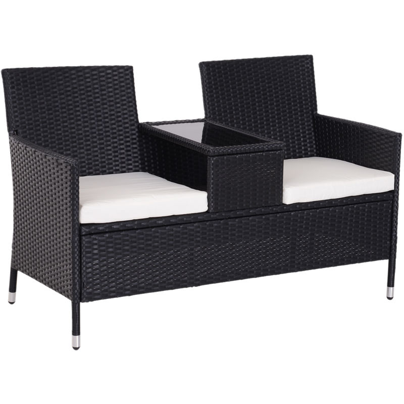 Outsunny Garden Rattan 2 Seater Companion Bench W Cushions Patio Furniture Black