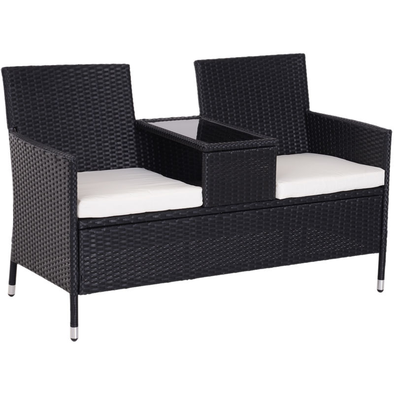Outsunny Garden Rattan 2 Seater Companion Bench w/ Cushions Patio Furniture - Black