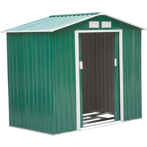 Outsunny 7ft x 4ft Lockable Garden Shed Large Patio Roofed Tool Metal Storage Building Foundation Sheds Box Outdoor Furniture, Green