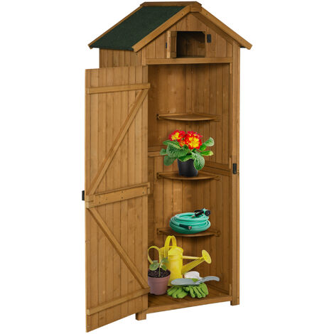 main image of "Outsunny Garden Shed Vertical Utility 3 Shelves Shed Wood Outdoor Garden Tool Storage Unit Storage Cabinet, 77 x 54.2 x 179cm - Burlywood"