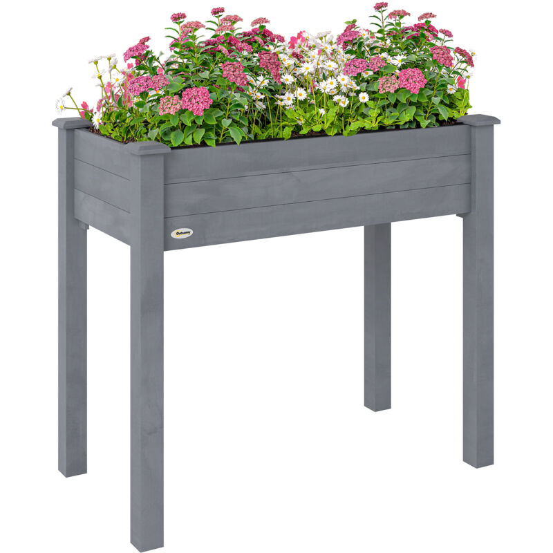 Outsunny Garden Wooden Planter Flower Raised Bed, Dark Grey