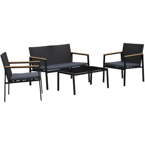 Outsunny Garten Möbelset, 4-teilige Sitzgruppe, Sitzgarnitur, 3 Sofa, Couchtisch, mit Sitzkissen, PP Rattan, Schwarz 108 x 66 x 75 cm - Schwarz+Grau
