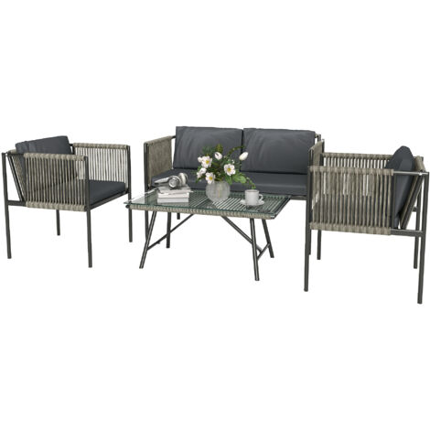Outsunny Gartenmöbel Set aus Polyrattan Lounge-Set mit 2er Sofa Sessel Glastisch Kissen wetterfest Balkonmöbel für 4 Personen Outdoor Sitzgruppe Terrassenmöbel für Garten Balkon Grau