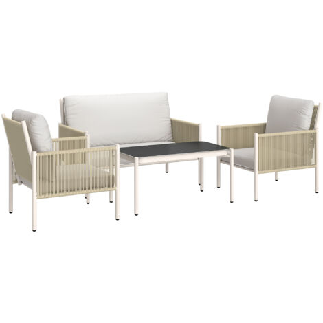 Outsunny Gartenmöbel Set aus Polyrattan Lounge-Set mit 2er Sofa Sessel Glastisch Kissen wetterfest Sitzgruppe für 4 Personen Outdoor Balkonmöbel Set Terrassenmöbel für Garten Balkon Braun+Grau
