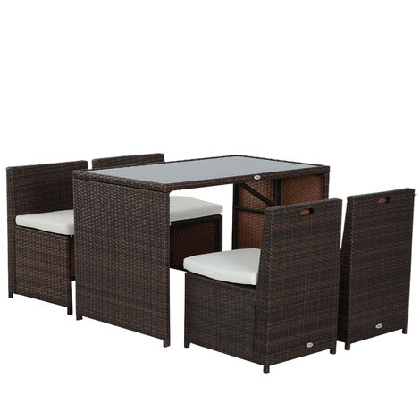 Outsunny Gartenmöbel-Set in Rattanoptik, 5-teilig, Stahl, Braun+Khaki - Braun+Khaki