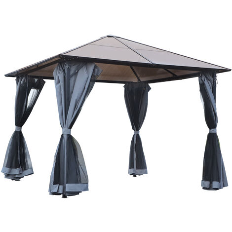 Outsunny Gartenpavillon 3 x 3 m Aluminium Wasserabweisend Stabil Winterfest Pavillon mit Hardtop 6 mm Polycarbonat-Dach 4 Seitenteile Moskitonetz,UV-Beständig, für Garten, Terrasse, Dunkelgrau