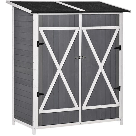 Outsunny Gartenschrank Geräteschuppen mit 2 Tür Geräteschrank mit Asphaltdach Gartenlagerschrank Antidumping Design mit Bodennägel Tannenholz Grau+Weiß 139 x 75 x 160 cm