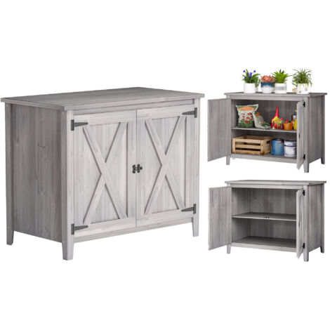 Outsunny Gartenschrank Holz, Geräteschuppen wetterfest 110x60x88,5cm, Gerätehaus mit Doppeltüren, Ablagen, Geräteschrank, Gartenhaus Werkzeugschrank Gartenschuppen für Terrasse Hinterhof, Hellgrau