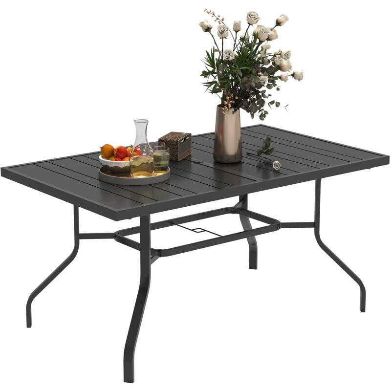 Outsunny Gartentisch 152x90 Cm, Wetterfest Balkontisch Aus Stahl, Beistelltisch Mit Schirmloch, Latten-design Esstisch Outdoor, Campingtisch,