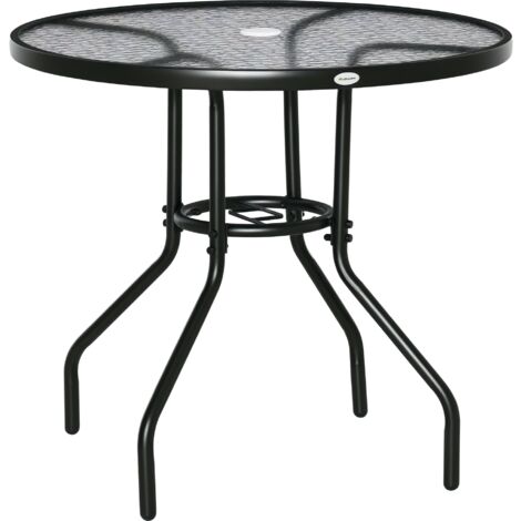 Outsunny Gartentisch Garten Beistelltisch Gartenmöbel Balkontisch Bistrotisch mit Schirmloch Hartglas + Metall Schwarz Ø80 x 72 cm