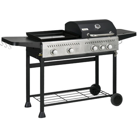 Outsunny Gas Grill and Plancha with 15 kW 4+1 Burners for Garden Party Festival