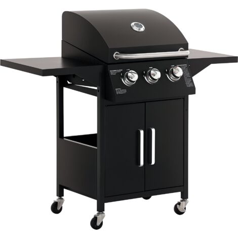 Outsunny Gas Grill Portable BBQ Trolley w/ 4 Wheels and Side Shelves 121cm x 55cm x 109cm