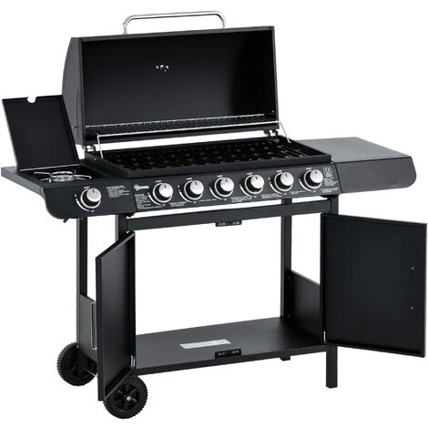 Outsunny Gasgrill 20KW Grillwagen inkl 7 Edelstahl-Brenner Seitenkocher Druckminderer Gasschlauch Deckel 2 Heizzonen Thermometer Seitenablagen, BBQ Gartengrill für Balkon, Camping 135 x 50 x 100 cm
