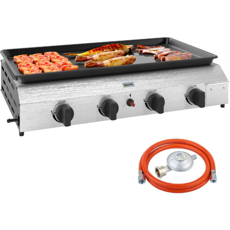 Outsunny Gasgrill 8000BTU/2,4 KW Grillwagen inkl 4 Edelstahl-Brenner Druckminderer Gasschlauch verstellbare Beine Kochplatte, BBQ Gartengrill für Balkon, Camping-Grill 77 x 44,5 x 19 cm