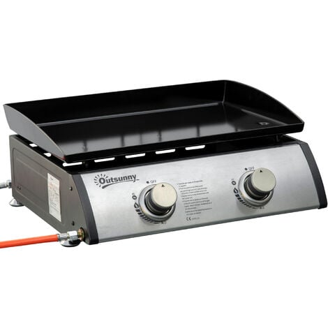 Outsunny Gasgrill mit 2 Brenner 5 kW Grillfläche 47,5 × 35,,5 cm tragbarer Tischgrill Tischgasgrill aus Edelstahl BBQ Campinggrill  für Garten Balkon Camping Silber