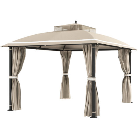 Outsunny Gazebo con Zanzariera da Giardino 3.7x3 m, Tende e Doppio Tetto Beige